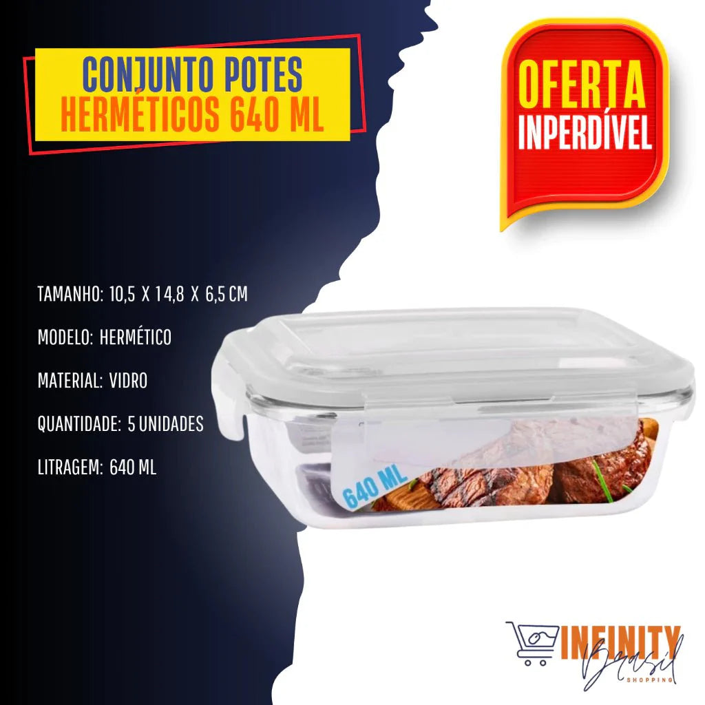Conjunto 10 Potes 640ml Vidro Hermético 4 Travas - ANACARÔ