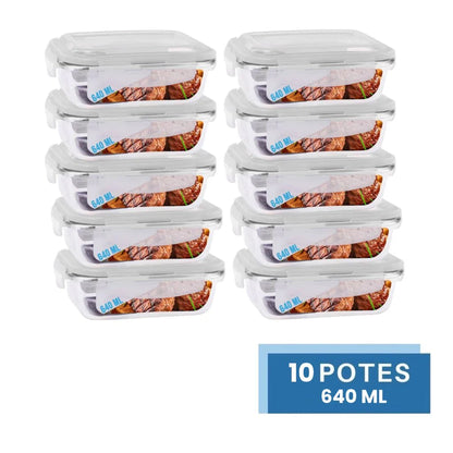 Conjunto 10 Potes 640ml Vidro Hermético 4 Travas - ANACARÔ