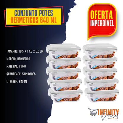 Conjunto 10 Potes 640ml Vidro Hermético 4 Travas - ANACARÔ