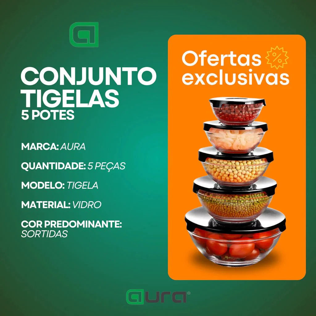 Kit conjunto de potes 5 peças vidro resistente - ANACARÔ