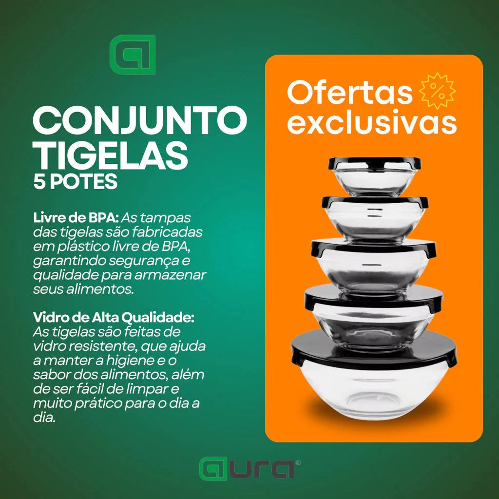 Kit conjunto de potes 5 peças vidro resistente - ANACARÔ