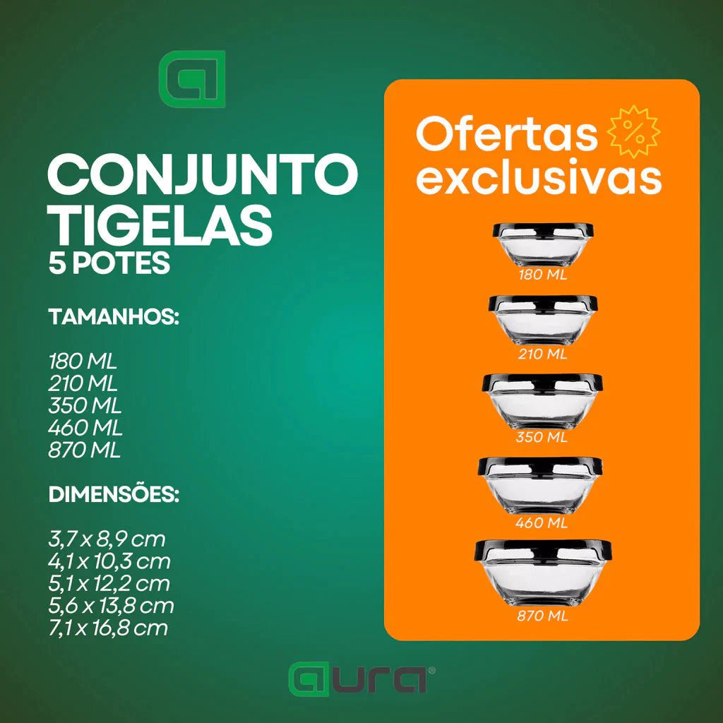Kit conjunto de potes 5 peças vidro resistente - ANACARÔ